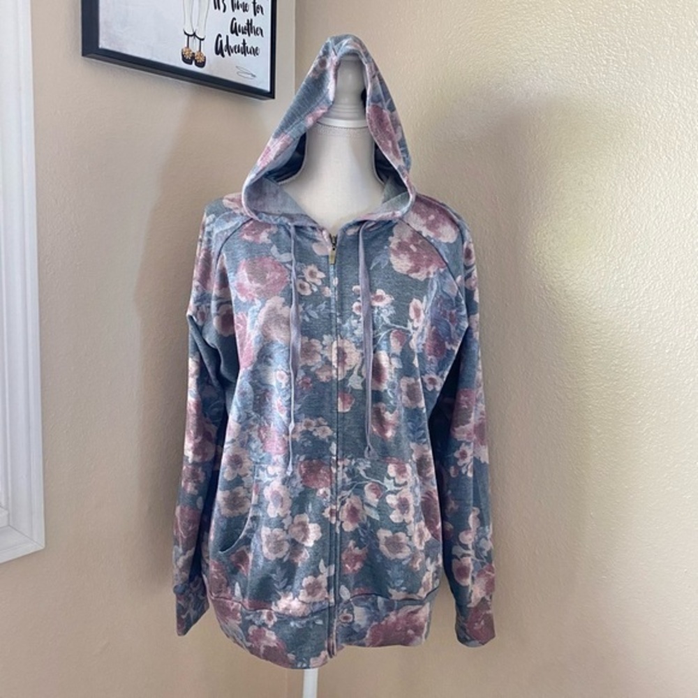 Avenue gray floral zip up hoodie, Sz. 14/16